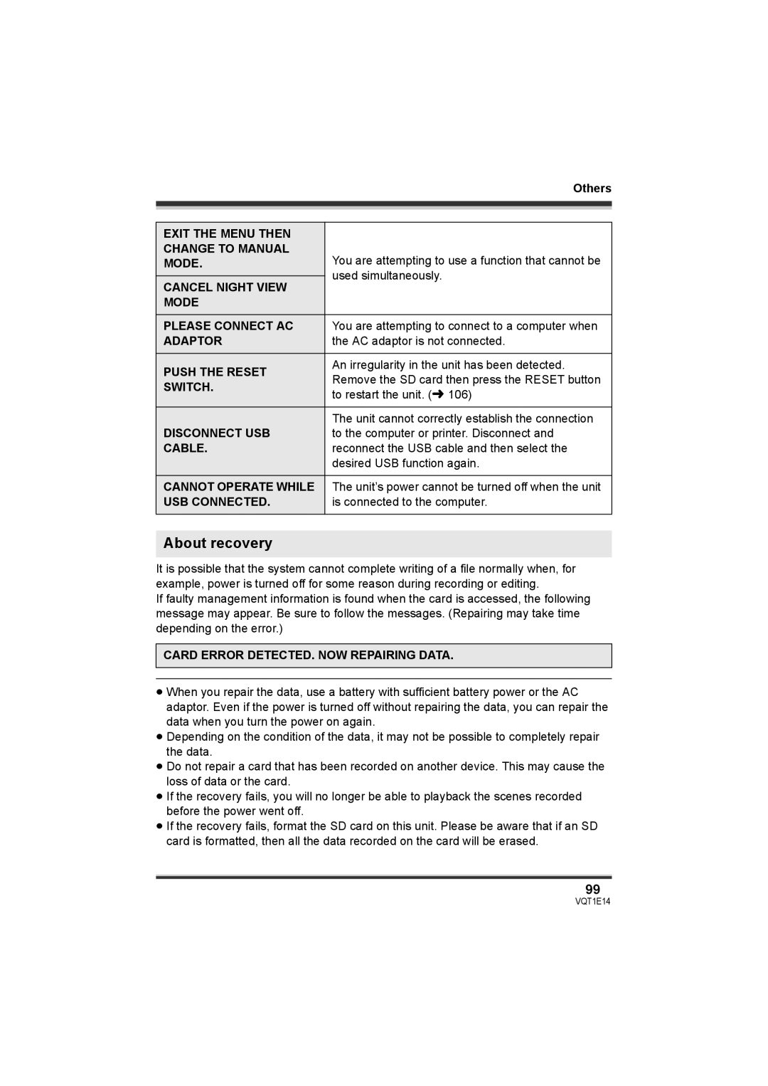 Panasonic SDR-S10 operating instructions About recovery 