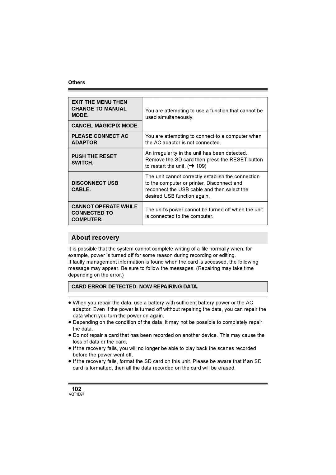 Panasonic SDR-S10PC operating instructions About recovery, 102 