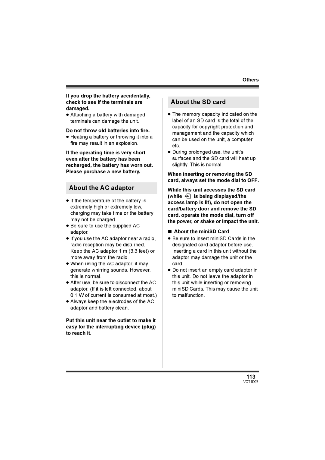 Panasonic SDR-S10PC operating instructions About the AC adaptor, About the SD card, 113 