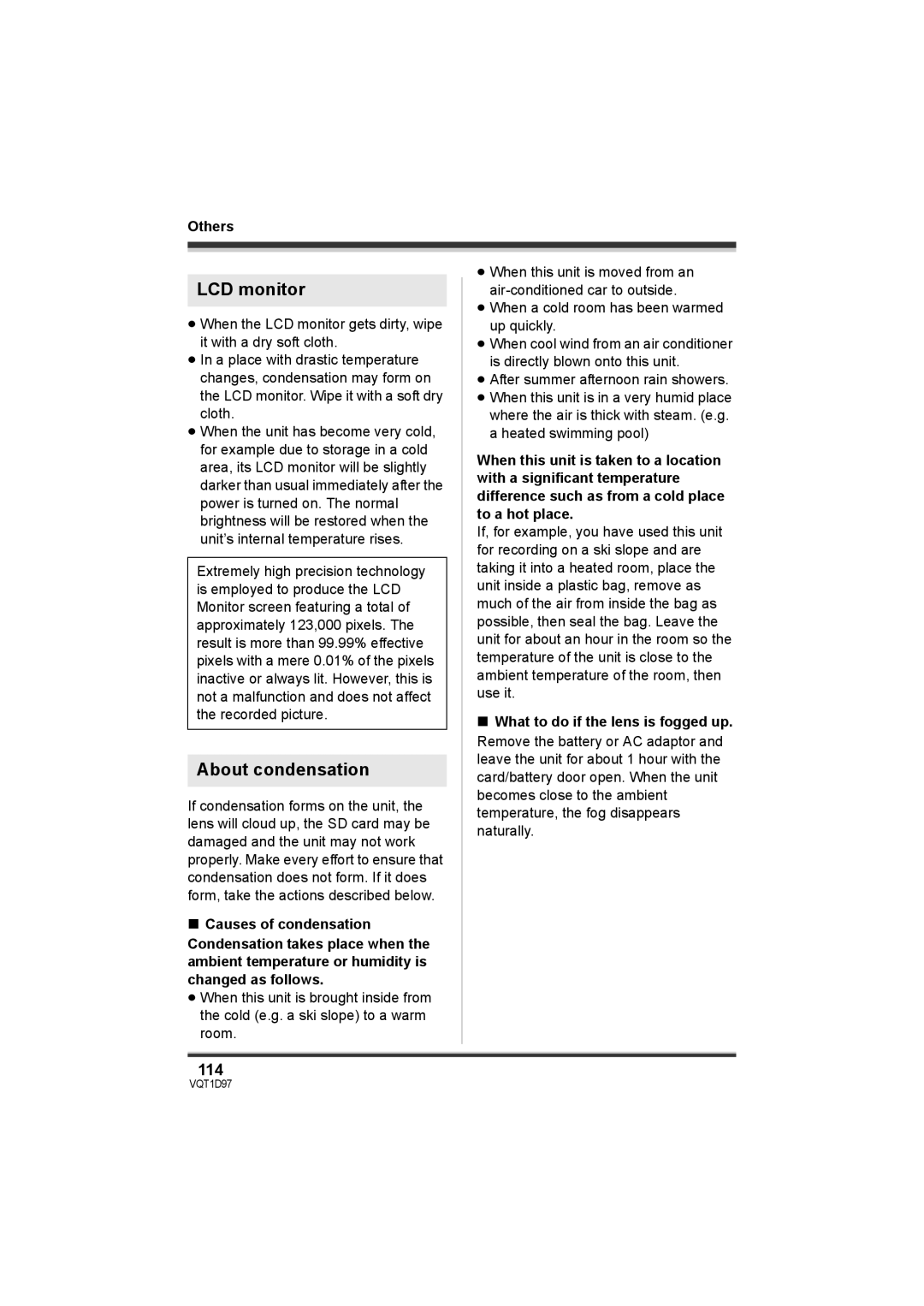 Panasonic SDR-S10PC operating instructions LCD monitor, About condensation, 114 