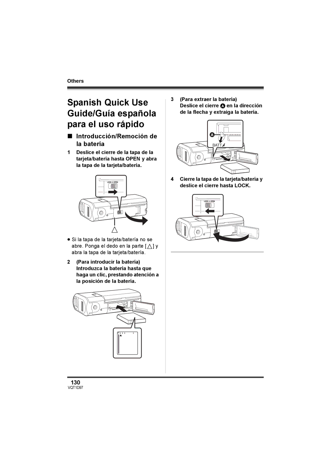 Panasonic SDR-S10PC operating instructions Introducción/Remoción de la batería, 130, Para extraer la batería 