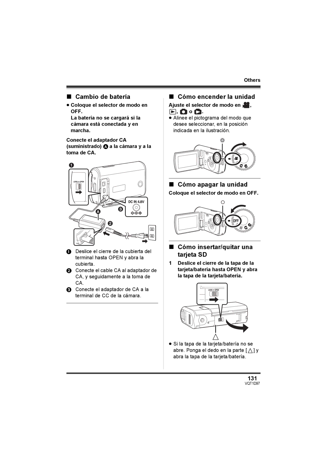 Panasonic SDR-S10P Cambio de batería, Cómo encender la unidad, Cómo apagar la unidad, Cómo insertar/quitar una tarjeta SD 