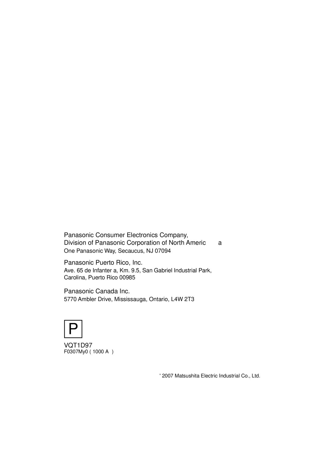 Panasonic SDR-S10PC operating instructions Panasonic Puerto Rico, Inc, Panasonic Canada Inc 