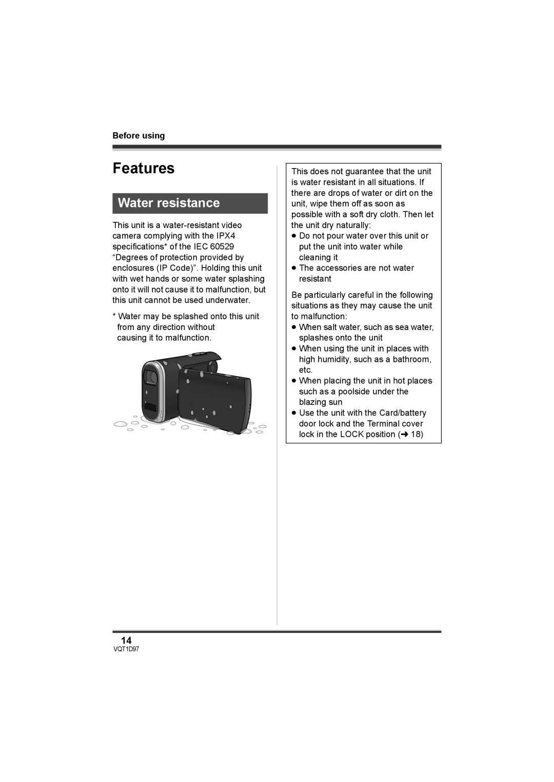 Panasonic SDR-S10PC operating instructions Features, Water resistance 