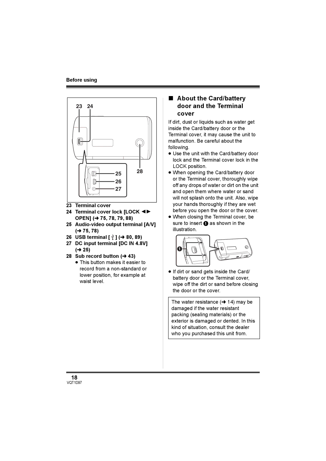 Panasonic SDR-S10PC About the Card/battery door and the Terminal cover, Open them where water or sand 