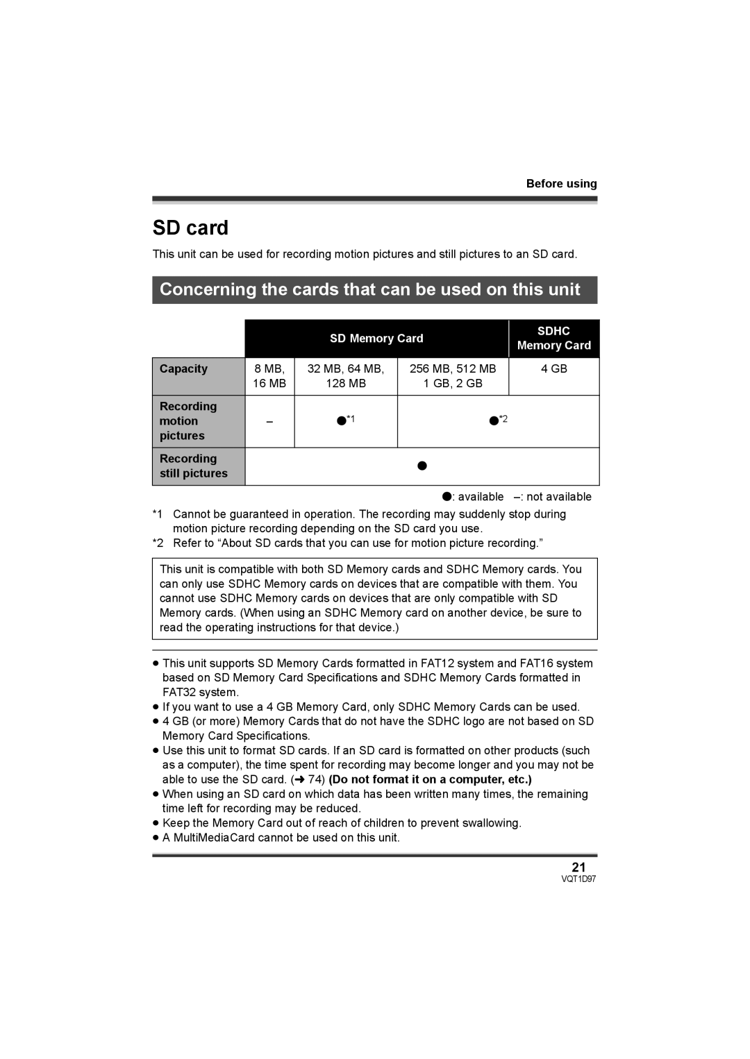 Panasonic SDR-S10PC SD card, Concerning the cards that can be used on this unit, Capacity, Recording 