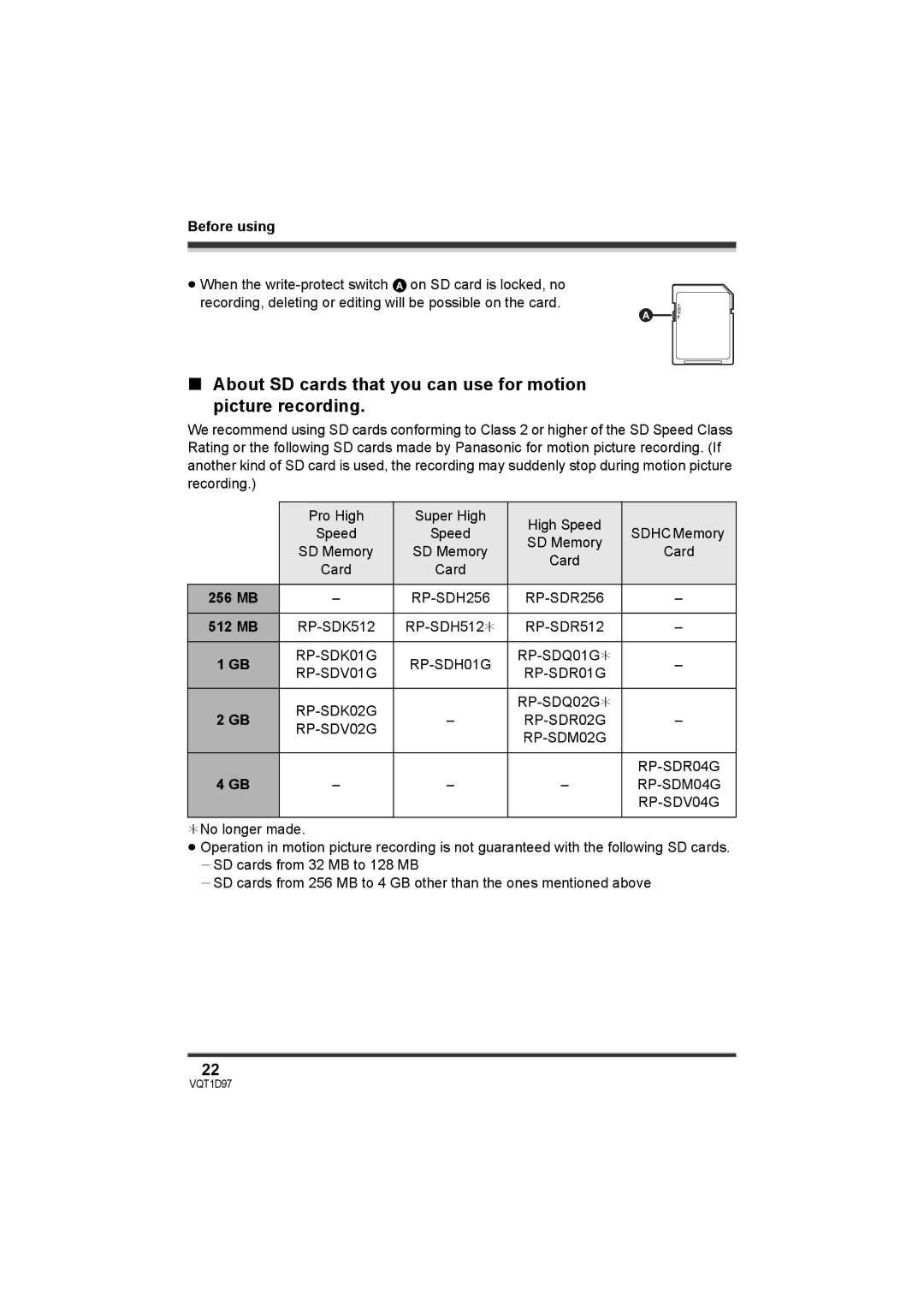 Panasonic SDR-S10PC operating instructions About SD cards that you can use for motion picture recording 