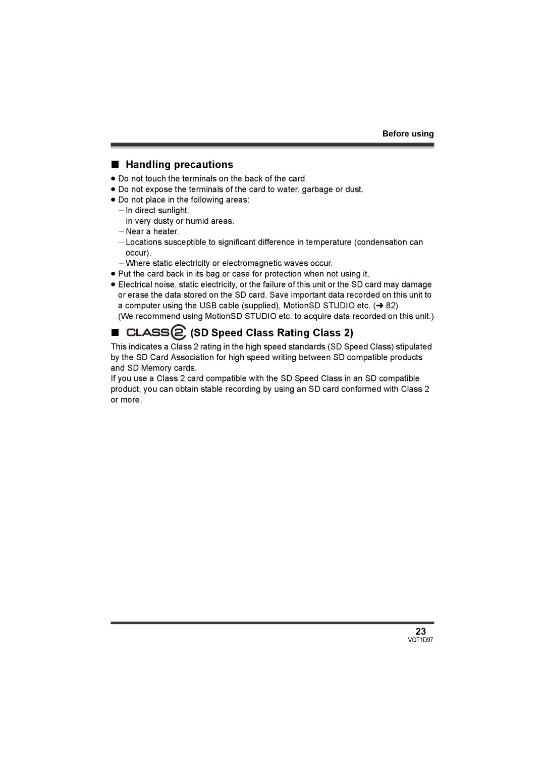 Panasonic SDR-S10PC operating instructions Handling precautions, SD Speed Class Rating Class 