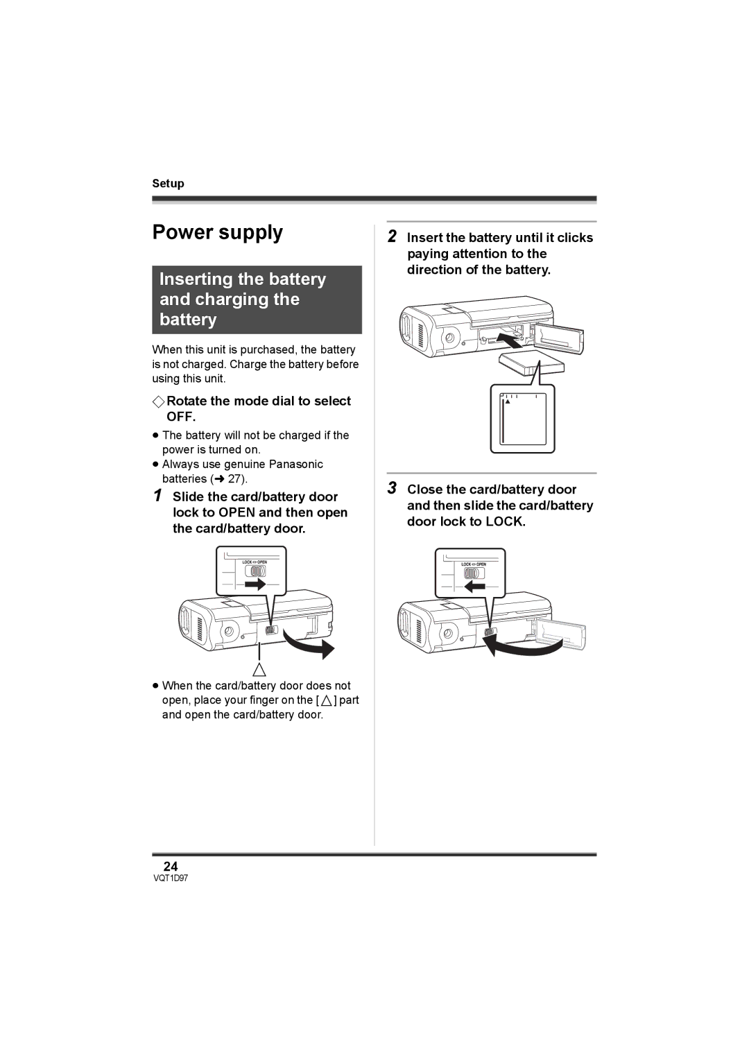 Panasonic SDR-S10PC Power supply, Inserting the battery and charging the battery, ¬ Rotate the mode dial to select OFF 