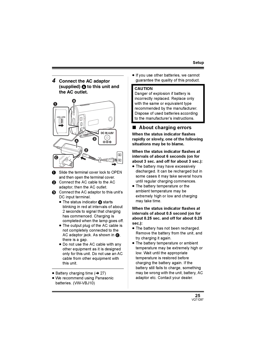 Panasonic SDR-S10PC operating instructions About charging errors 