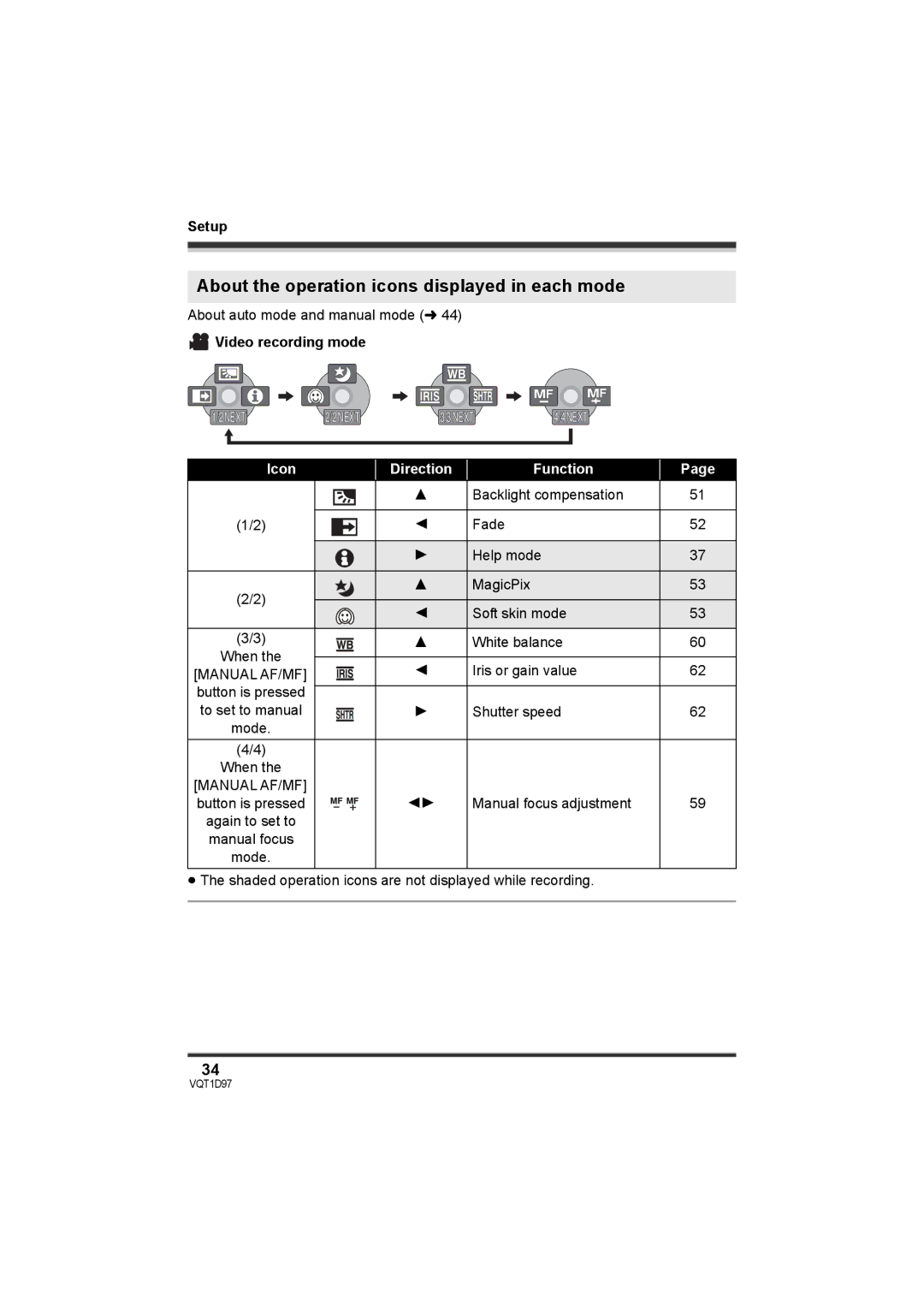 Panasonic SDR-S10PC operating instructions About the operation icons displayed in each mode, Video recording mode 