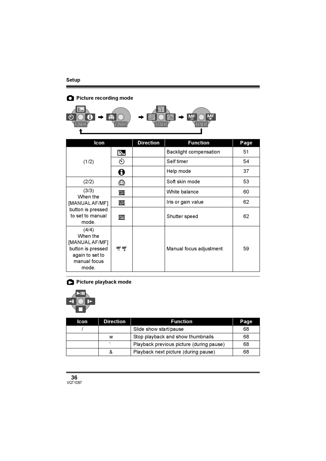 Panasonic SDR-S10PC operating instructions Setup Picture recording mode, Picture playback mode 