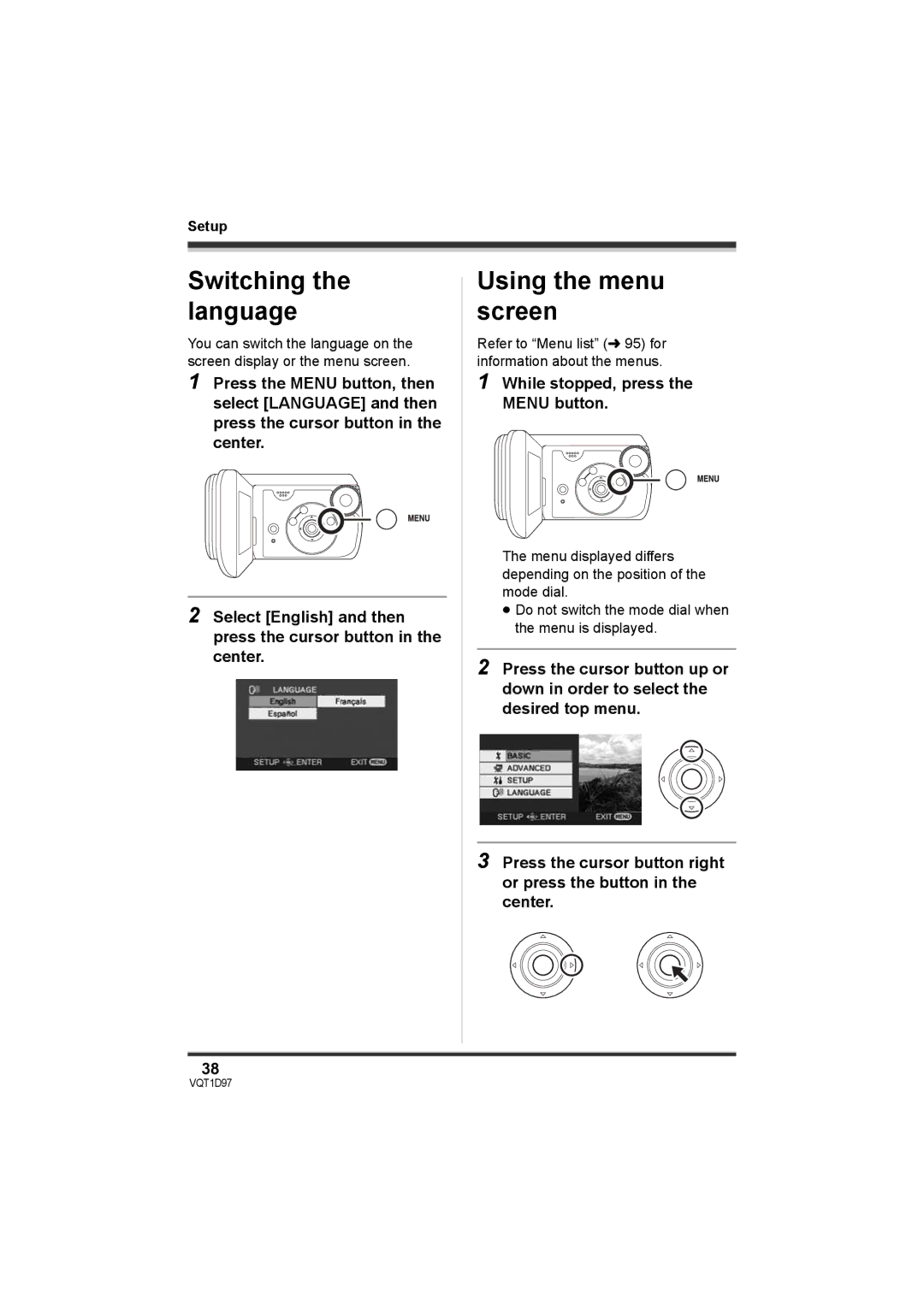 Panasonic SDR-S10PC Switching the language, Using the menu screen, While stopped, press the Menu button 