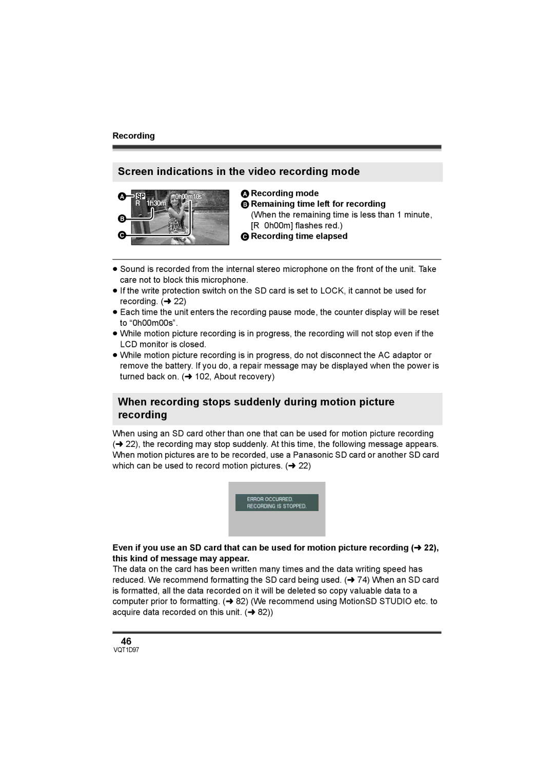 Panasonic SDR-S10PC Screen indications in the video recording mode, Recording mode Remaining time left for recording 