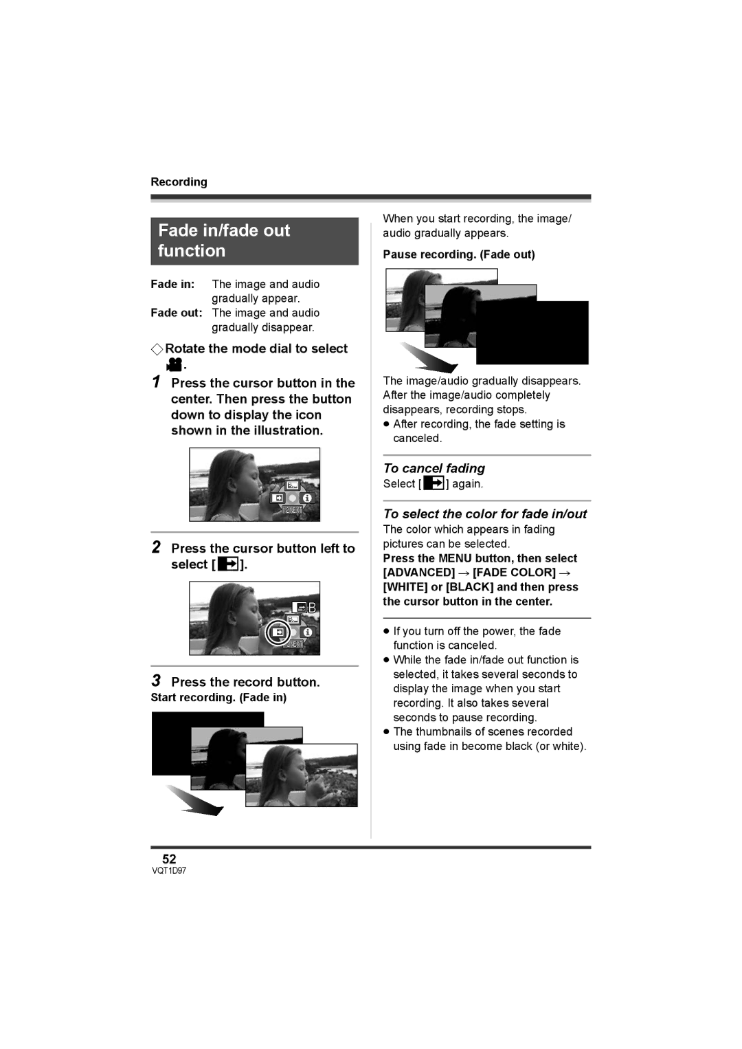 Panasonic SDR-S10PC Fade in/fade out function, Press the cursor button left to select, To cancel fading 