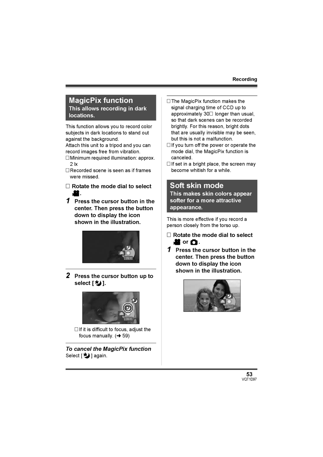 Panasonic SDR-S10PC operating instructions MagicPix function, Soft skin mode, Press the cursor button up to select 