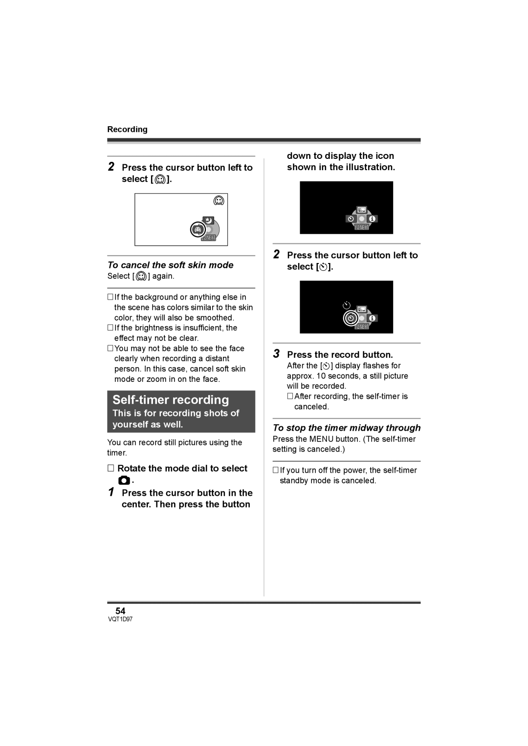 Panasonic SDR-S10PC Self-timer recording, To cancel the soft skin mode, Press the cursor button left to select Ø 