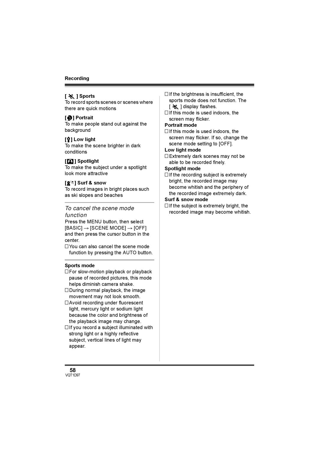 Panasonic SDR-S10PC operating instructions To cancel the scene mode function 