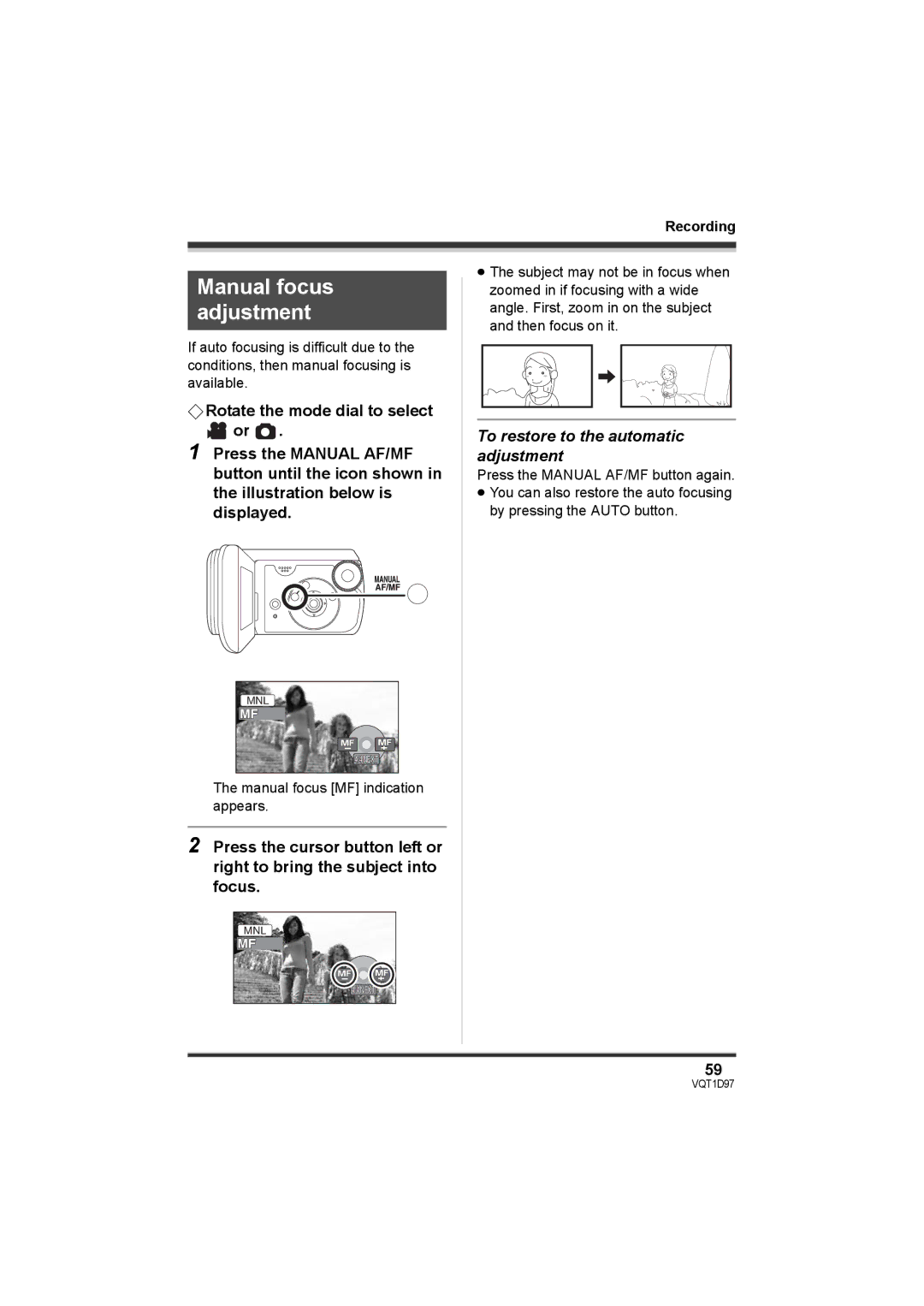 Panasonic SDR-S10PC operating instructions Manual focus adjustment, To restore to the automatic adjustment 