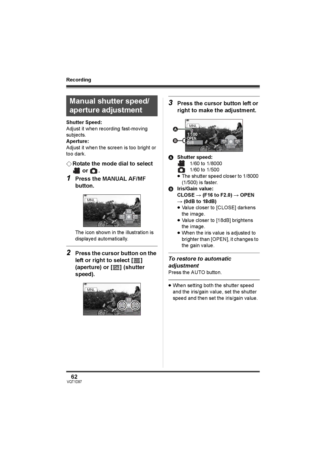 Panasonic SDR-S10PC Manual shutter speed/ aperture adjustment, To restore to automatic adjustment, Shutter Speed, Aperture 