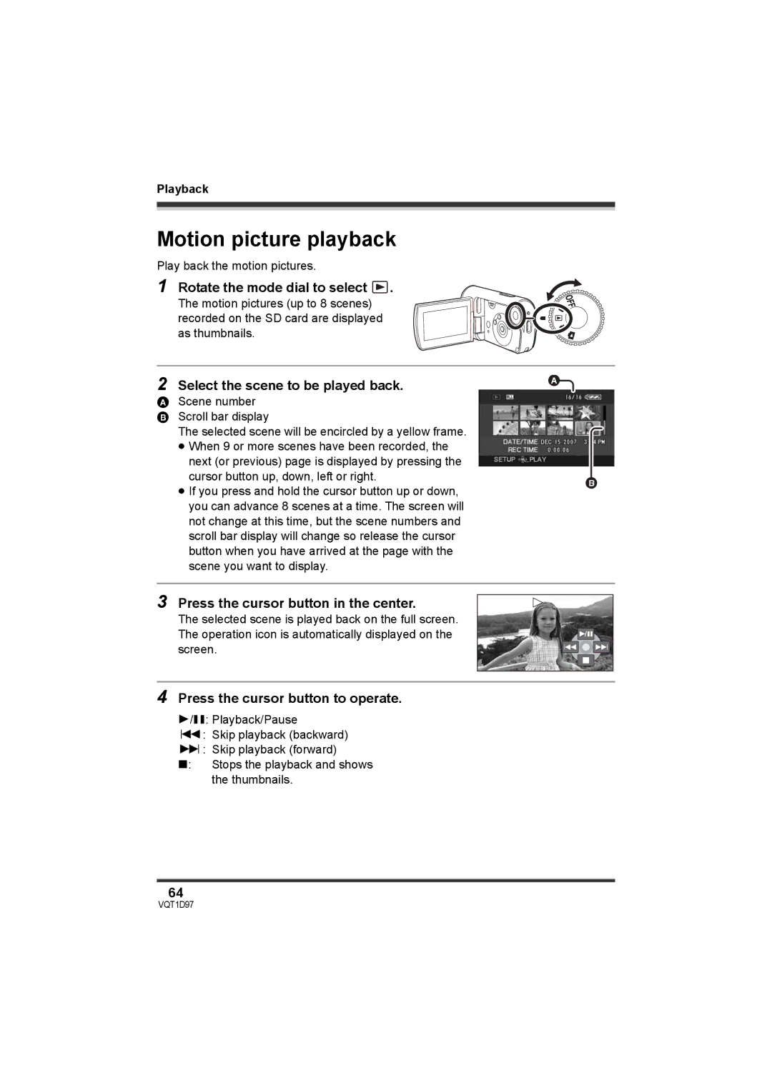 Panasonic SDR-S10PC Motion picture playback, Rotate the mode dial to select, Select the scene to be played back 