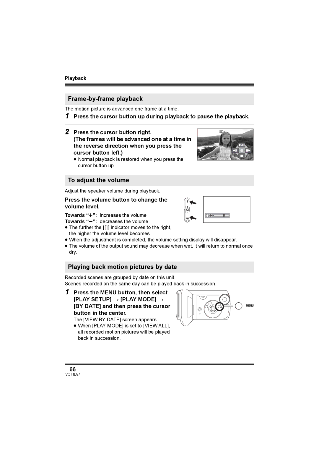 Panasonic SDR-S10PC Frame-by-frame playback, To adjust the volume, Playing back motion pictures by date 