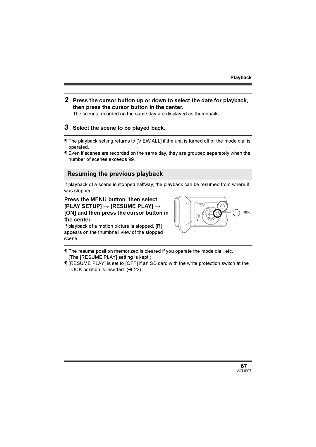 Panasonic SDR-S10PC operating instructions Resuming the previous playback, Select the scene to be played back 