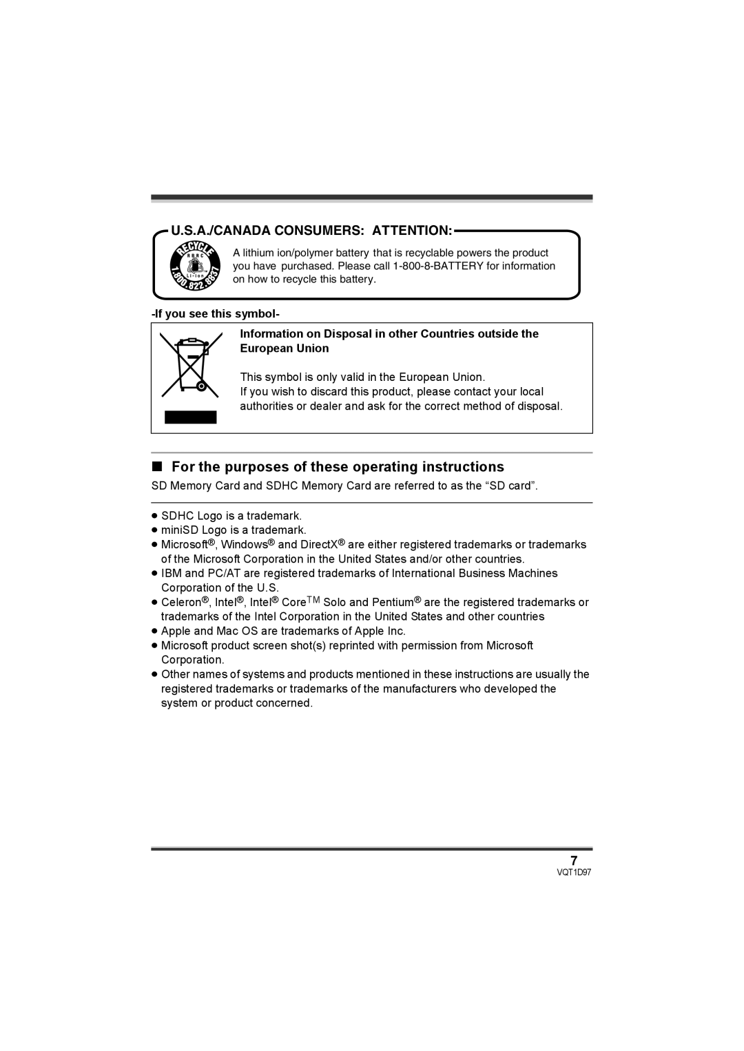 Panasonic SDR-S10PC For the purposes of these operating instructions, A./CANADA Consumers Attention 