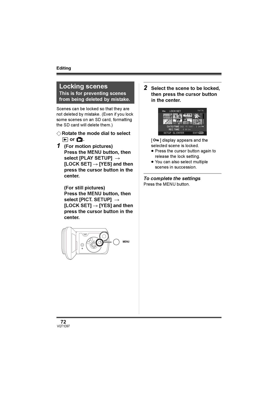 Panasonic SDR-S10PC operating instructions Locking scenes, To complete the settings 