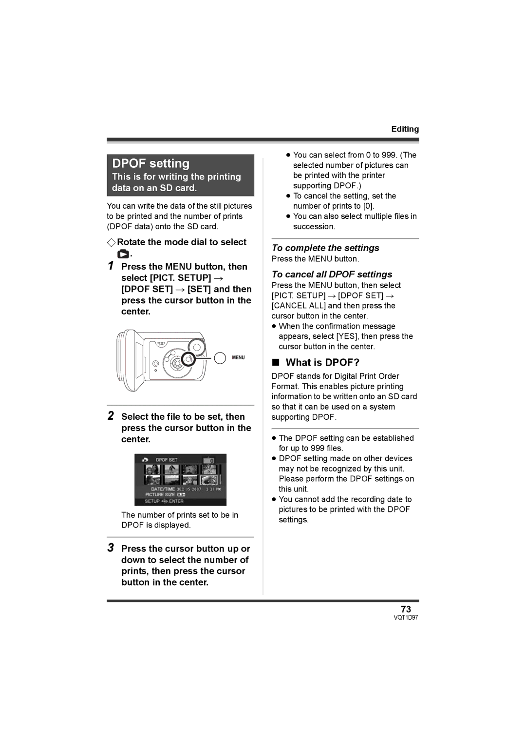 Panasonic SDR-S10PC operating instructions What is DPOF?, To cancel all Dpof settings 