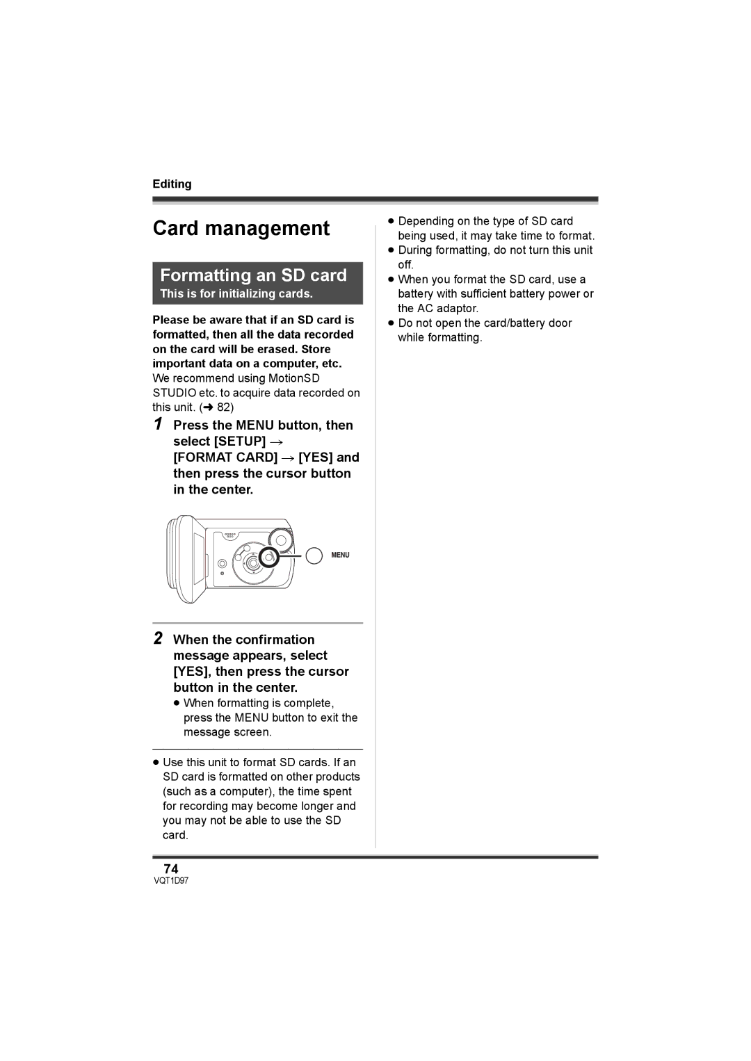 Panasonic SDR-S10PC operating instructions Card management, Formatting an SD card 