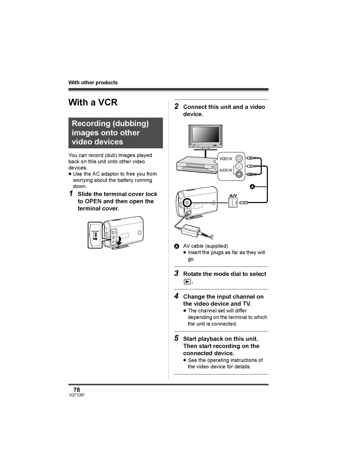 Panasonic SDR-S10PC operating instructions With a VCR, Recording dubbing images onto other video devices 