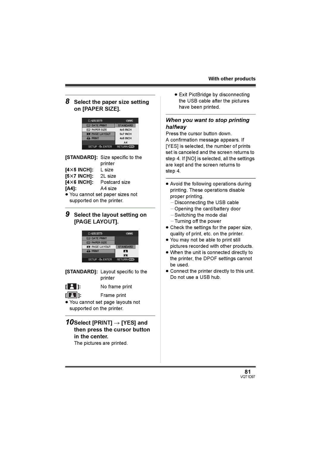 Panasonic SDR-S10PC Select the paper size setting on Paper Size, Select the layout setting on page Layout 