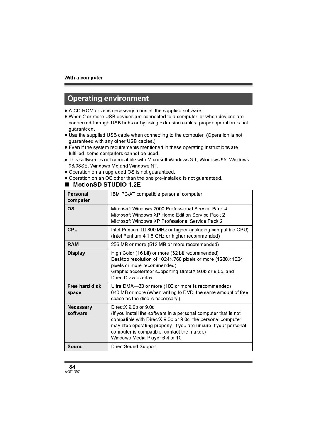 Panasonic SDR-S10PC operating instructions Operating environment, MotionSD Studio 1.2E, Cpu, Ram 