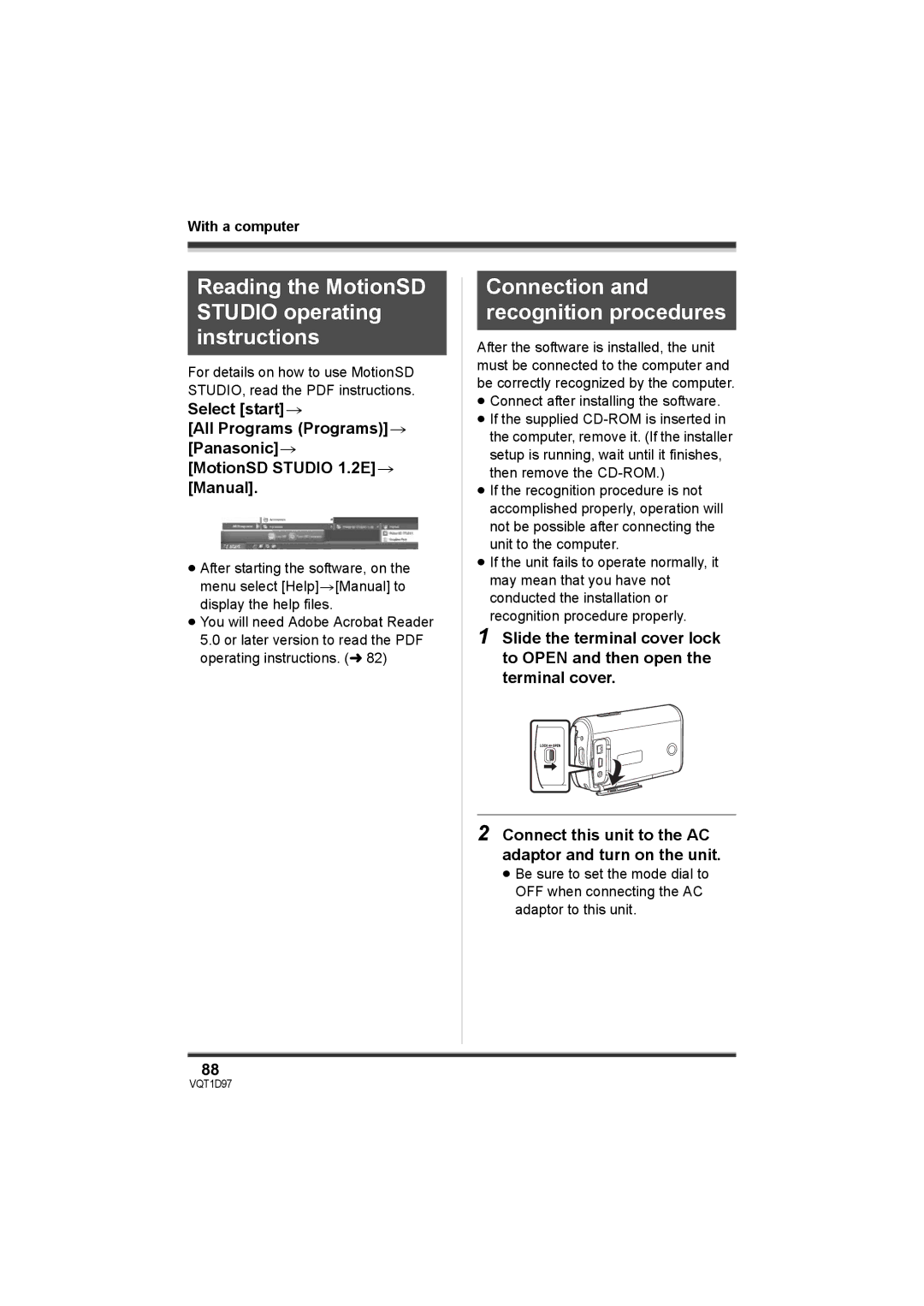 Panasonic SDR-S10PC Reading the MotionSD Studio operating instructions, Connection and recognition procedures 