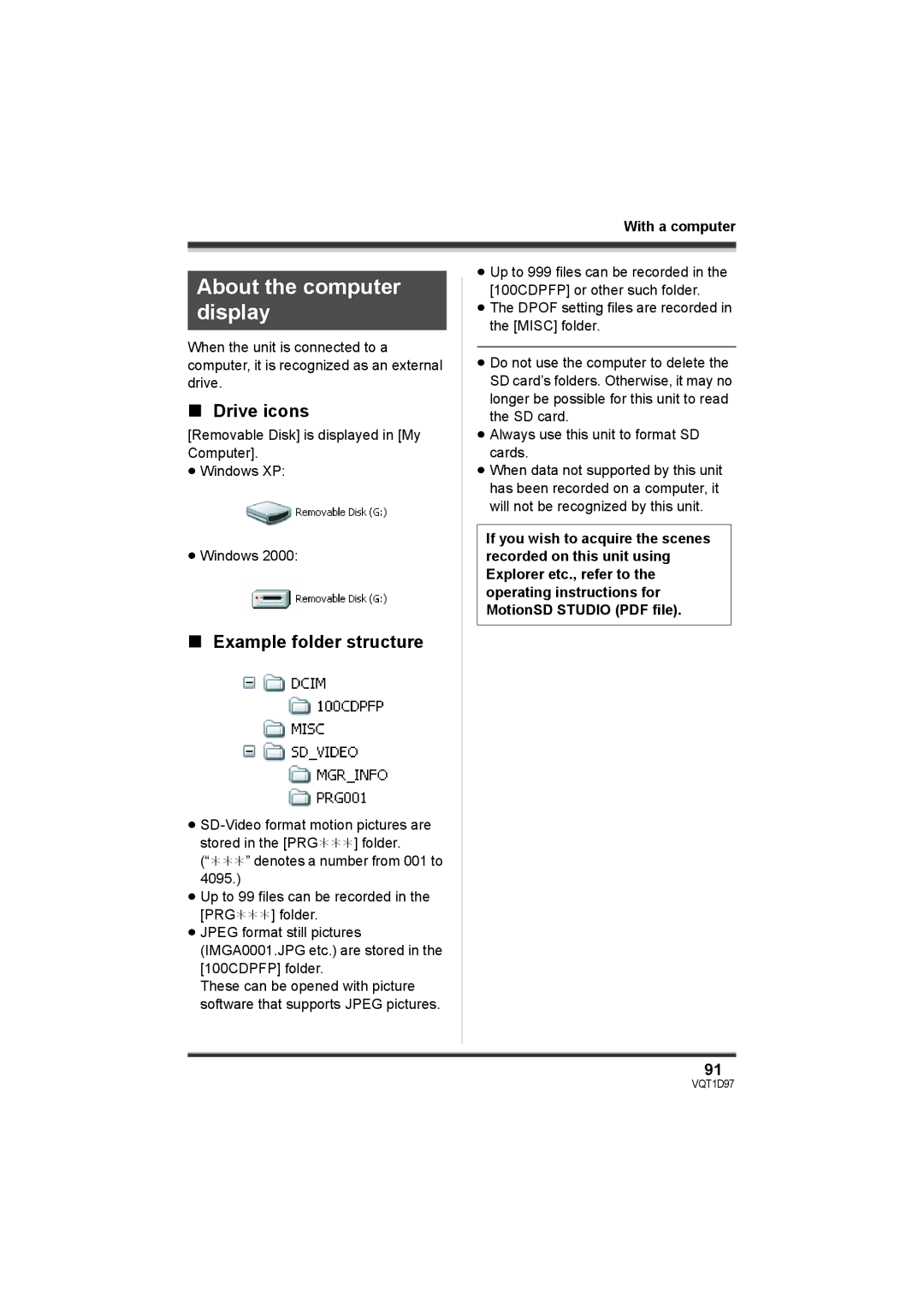 Panasonic SDR-S10PC operating instructions About the computer display, Drive icons, Example folder structure 