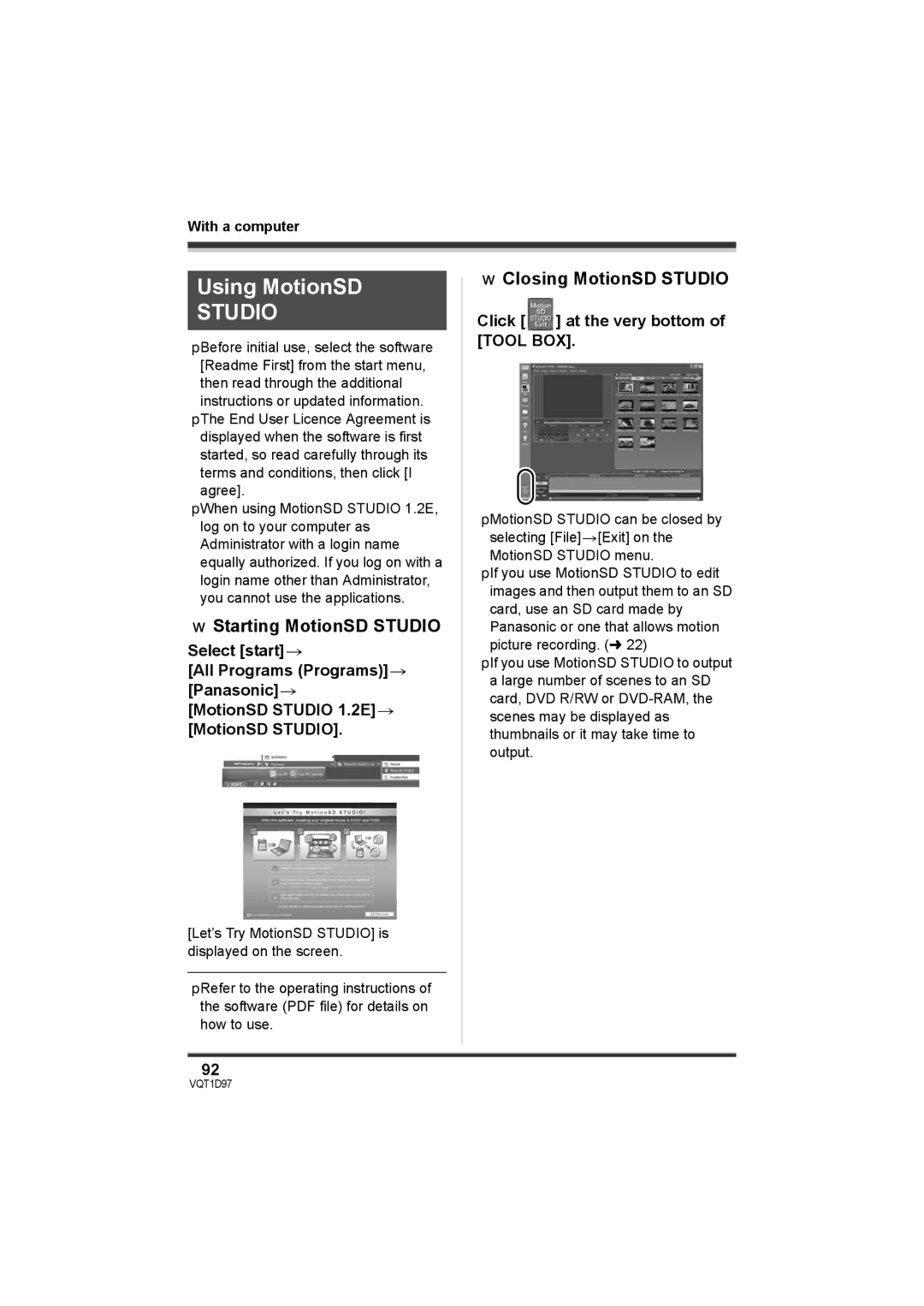 Panasonic SDR-S10PC operating instructions Using MotionSD, Starting MotionSD Studio, Closing MotionSD Studio 