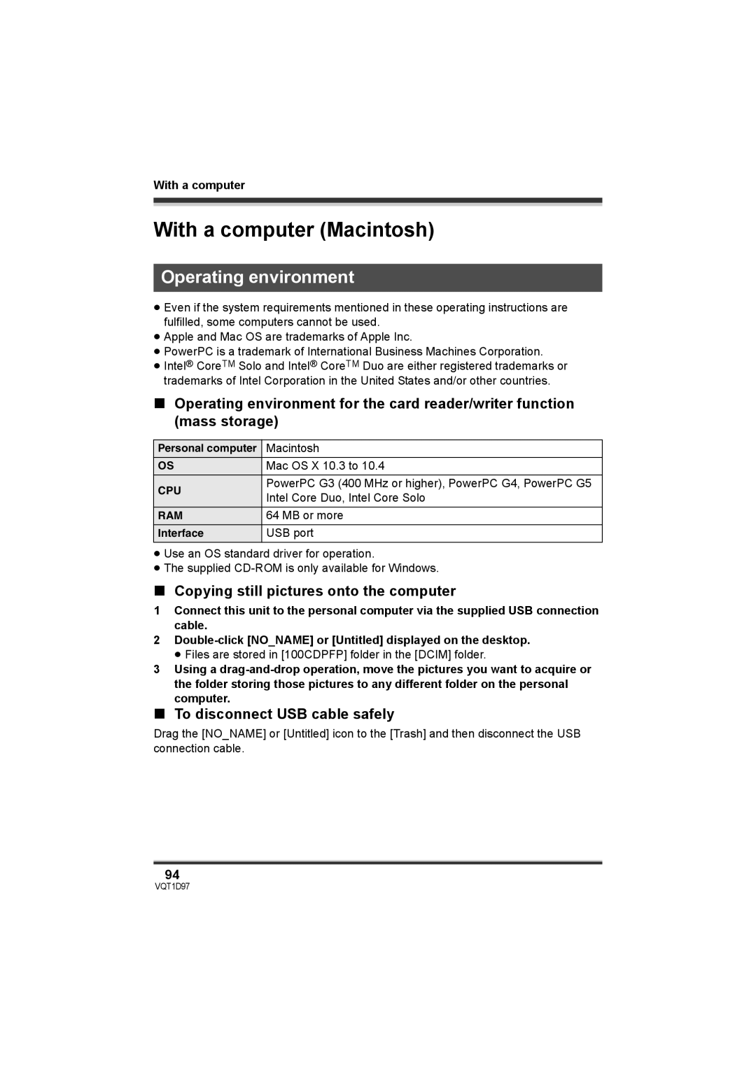 Panasonic SDR-S10PC With a computer Macintosh, Copying still pictures onto the computer, To disconnect USB cable safely 