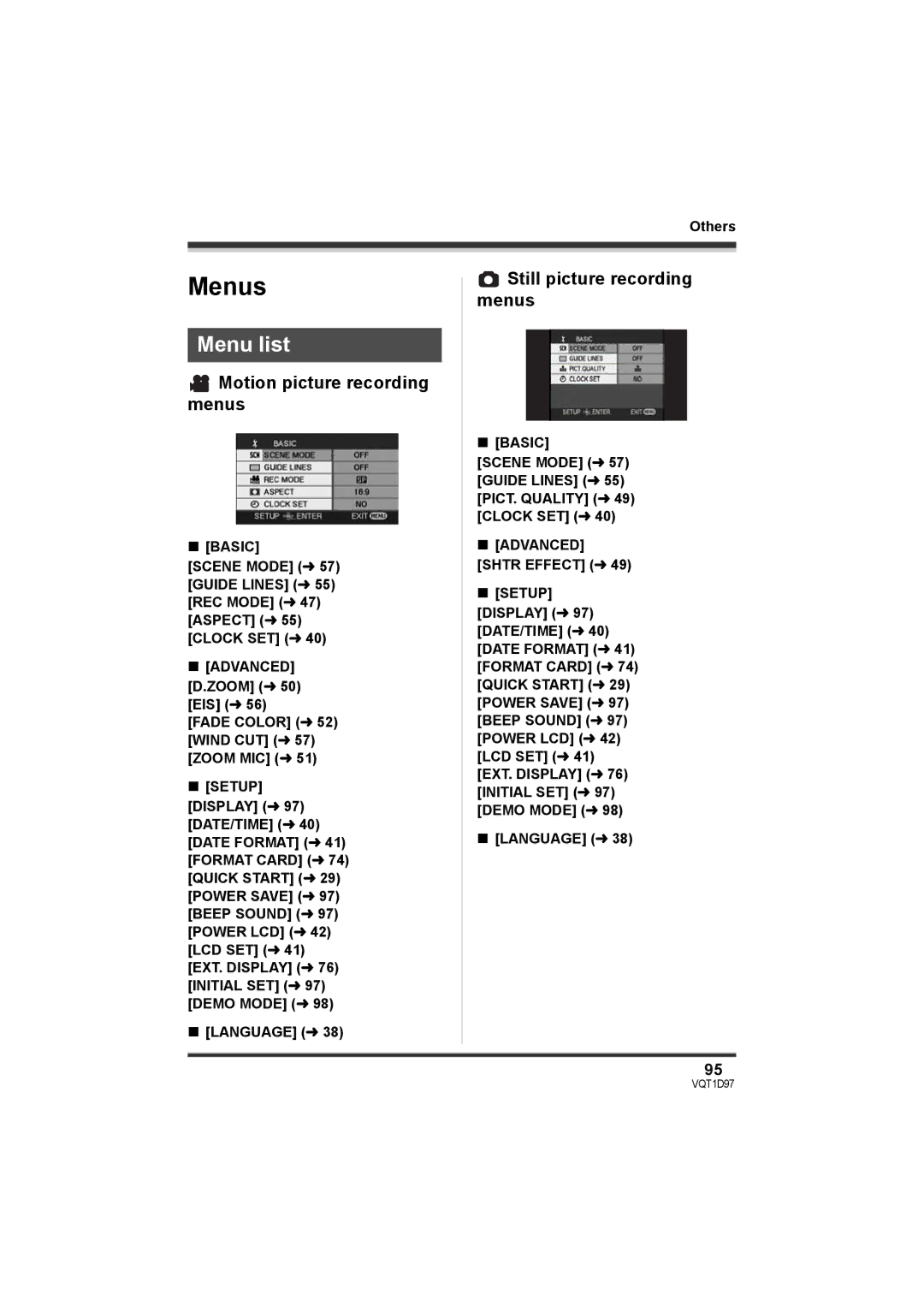 Panasonic SDR-S10PC Menus, Menu list, Motion picture recording menus, Still picture recording menus 