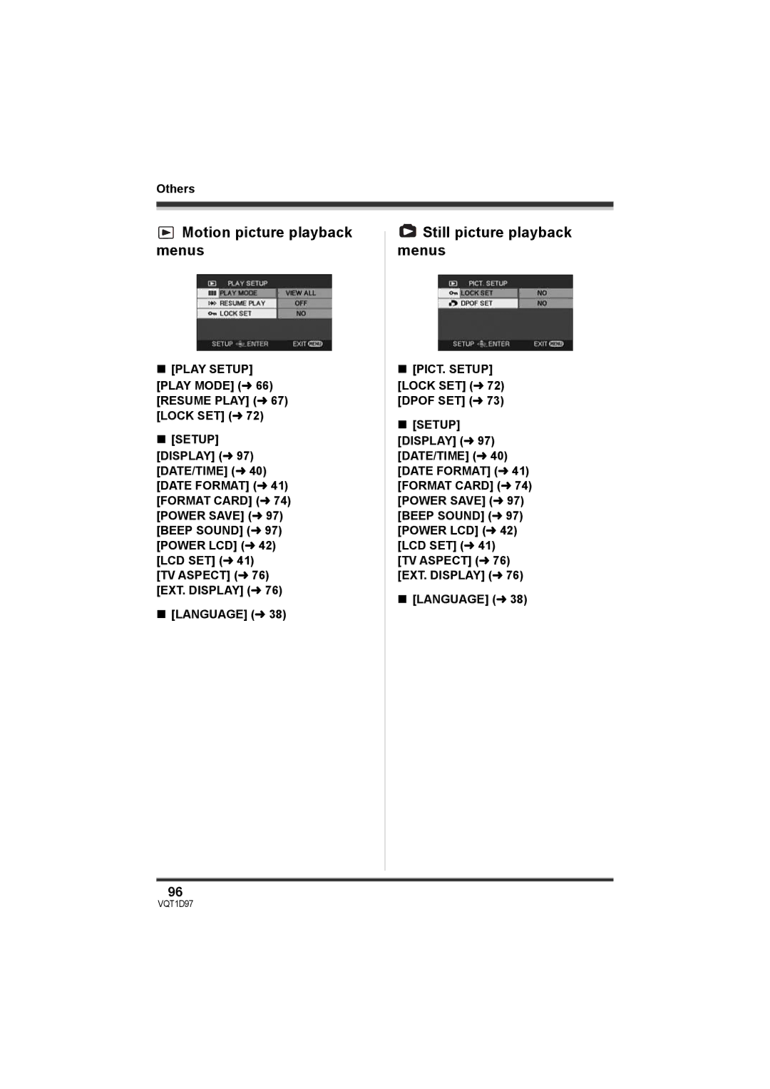 Panasonic SDR-S10PC operating instructions Motion picture playback menus, Still picture playback menus 