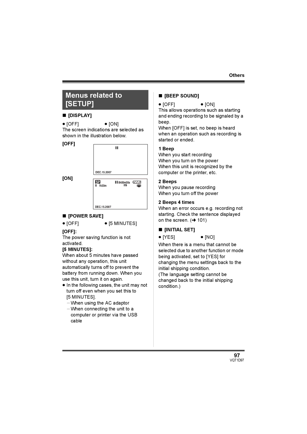 Panasonic SDR-S10PC operating instructions Menus related to Setup 