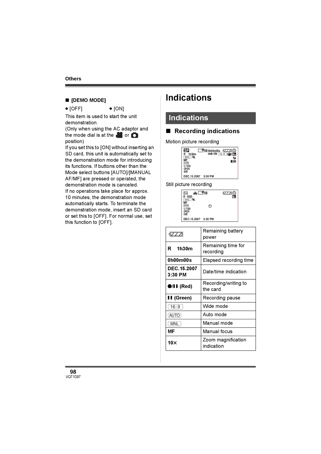 Panasonic SDR-S10PC operating instructions Indications, Recording indications, Demo Mode 