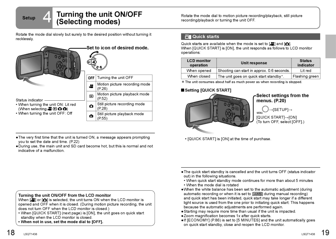 Panasonic SDR-S15 Turning the unit ON/OFF, Selecting modes, Set to icon of desired mode, Quick starts 