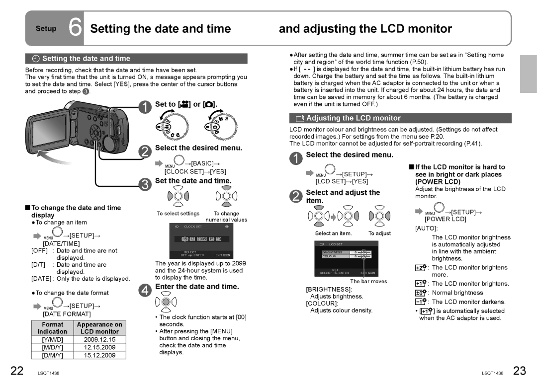 Panasonic SDR-S15 operating instructions Setup 6 Setting the date and time, Adjusting the LCD monitor 