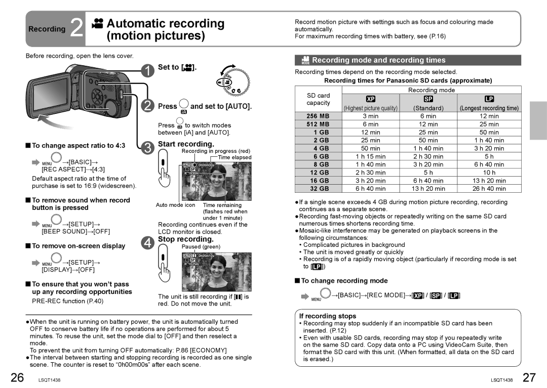 Panasonic SDR-S15 operating instructions Recording mode and recording times, Set to Press, Start recording, Stop recording 