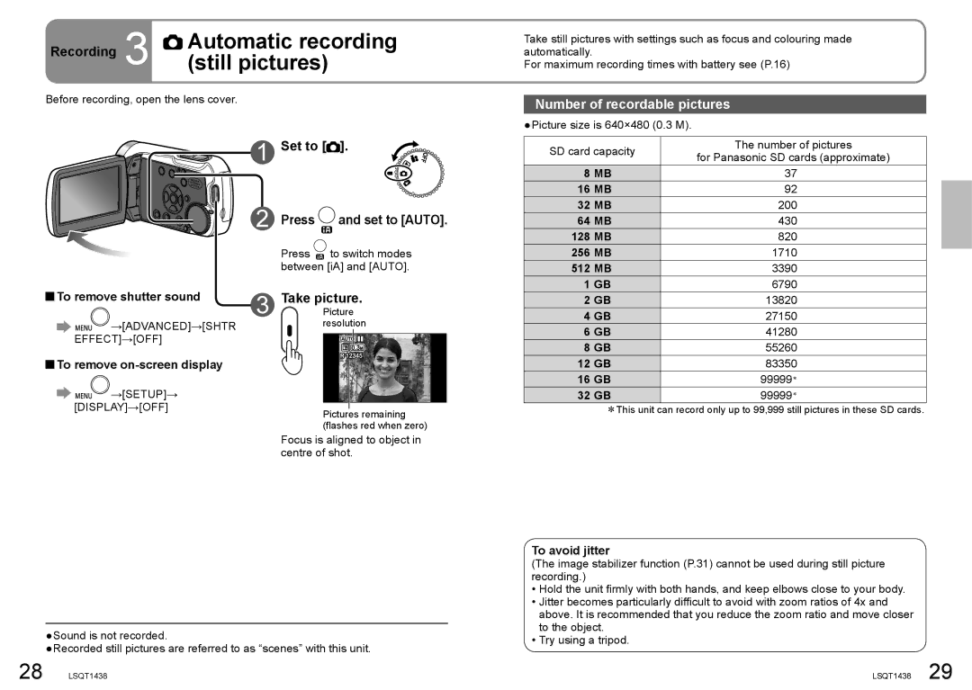 Panasonic SDR-S15 Recording 3 Automatic recording still pictures, Take picture, Number of recordable pictures 