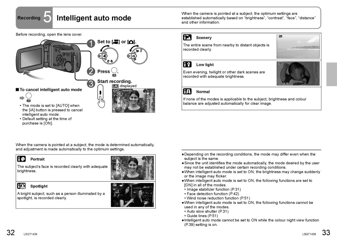 Panasonic SDR-S15 Recording 5 Intelligent auto mode, Set to or Press Start recording, To cancel intelligent auto mode 