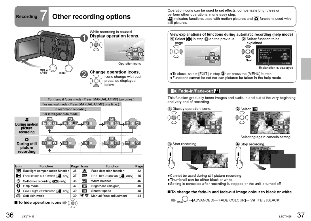 Panasonic SDR-S15 Recording 7 Other recording options, Display operation icons, Change operation icons, Fade-in/Fade-out 