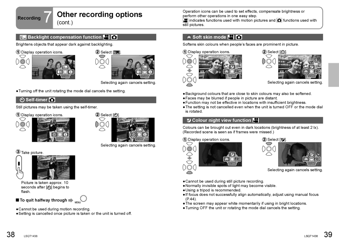 Panasonic SDR-S15 Recording 7 Othercont. recording options, Backlight compensation function, Self-timer, Soft skin mode 