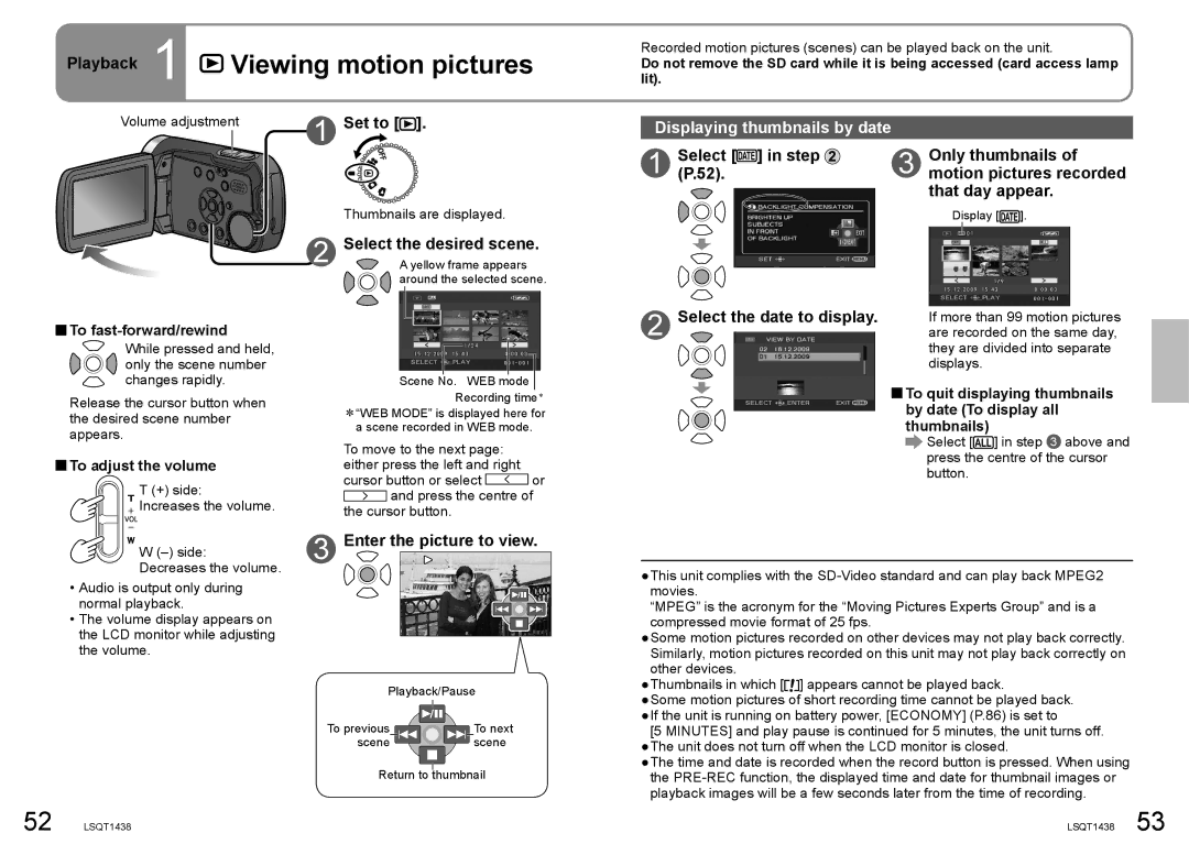 Panasonic SDR-S15 operating instructions Playback 1 Viewing motion pictures, Displaying thumbnails by date 